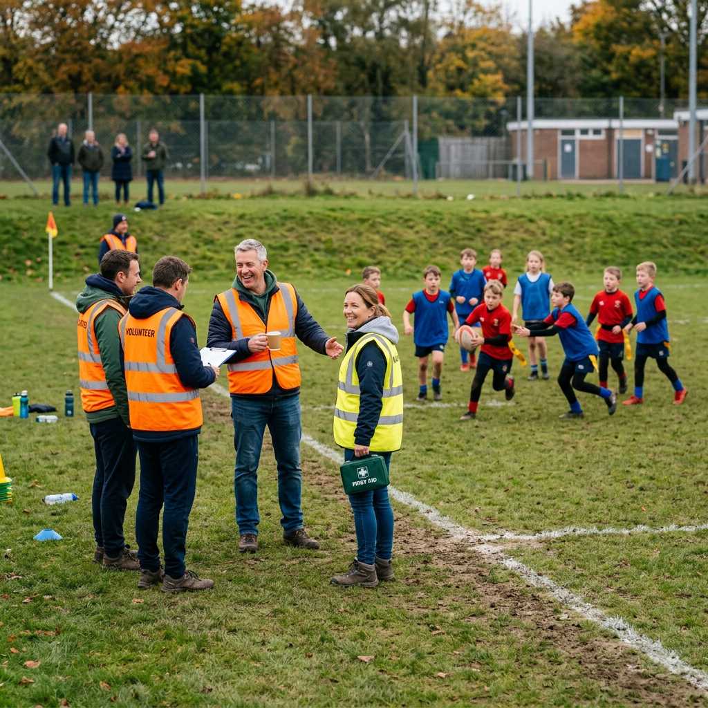 Children playing rugby on a grassy field with volunteers in high-visibility vests talking nearby