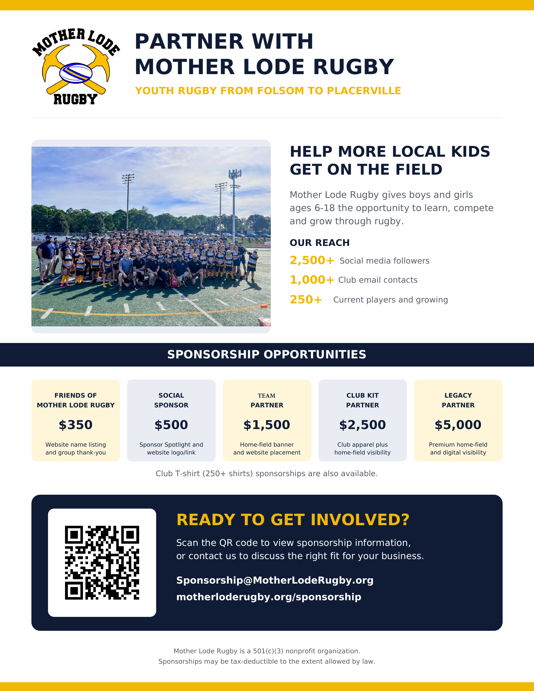 Mother Lode Rugby 2027 sponsorship flyer
